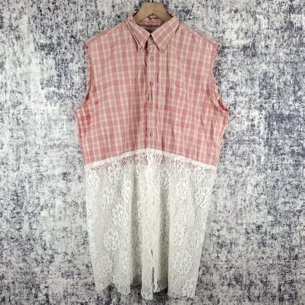 Flash and Trash Womens Size L Upcycled Plaid Sleeveless Button Down Lace Bottom